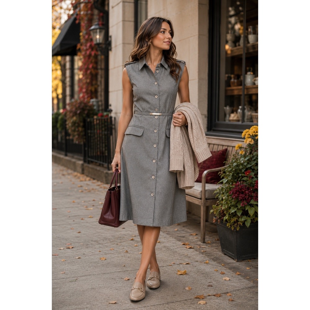 Calvin Klein Womens Gray Sleeveless Button Front Belted Midi Shirt Dress Size 2